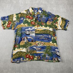 VTG Reyn Spooner Hawaiian Shirt Mens Large Rayon Aloha Scenic Floral Print Camp
